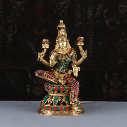 Brass Lakshmi Statue Sitting Stone Work Idol Religious Decor Lucky 12" by vendor-unknown - Hindu Gods