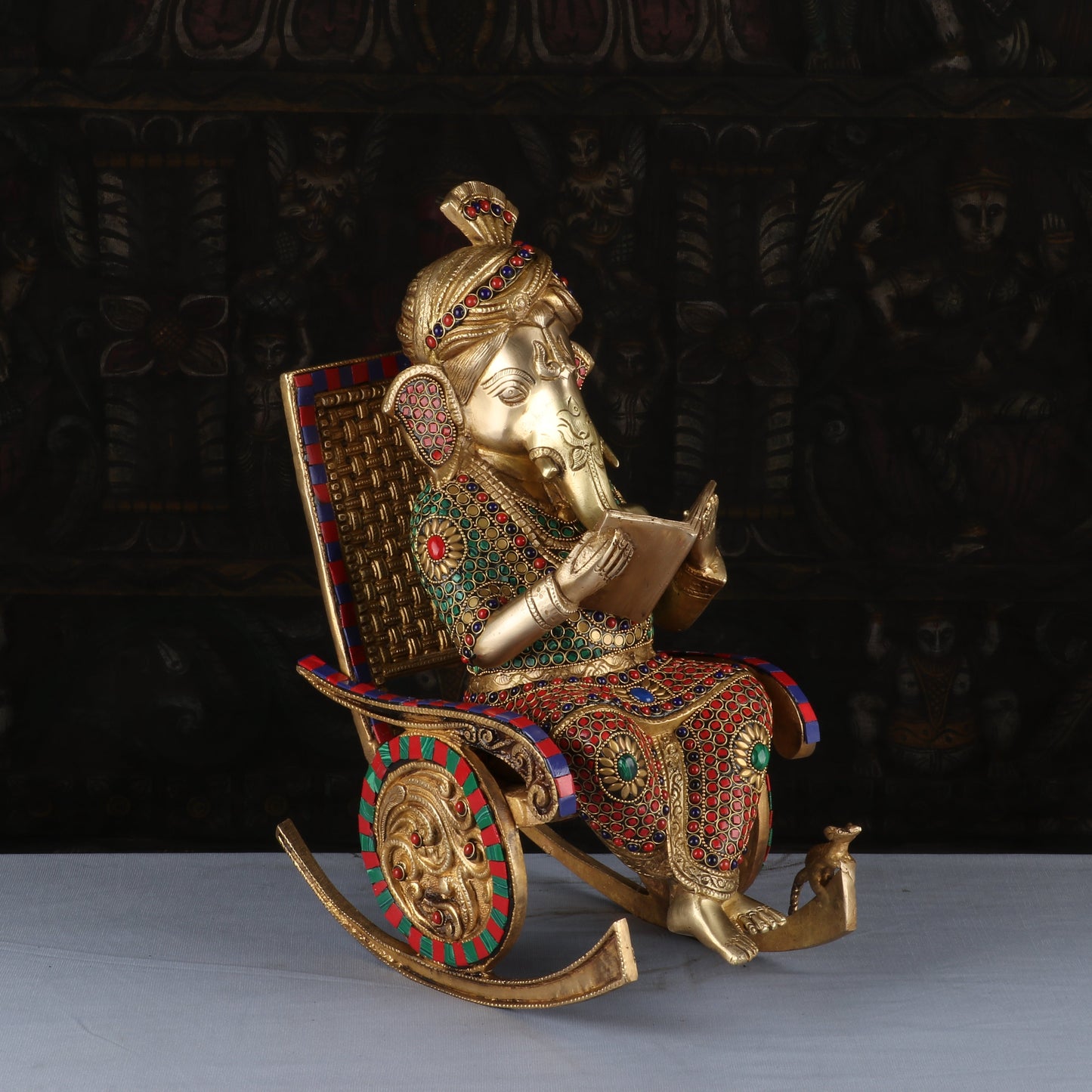 Brass Big Ganesha Idol On Chair Reading Book Stone Work Home Decor 1.5 Feet