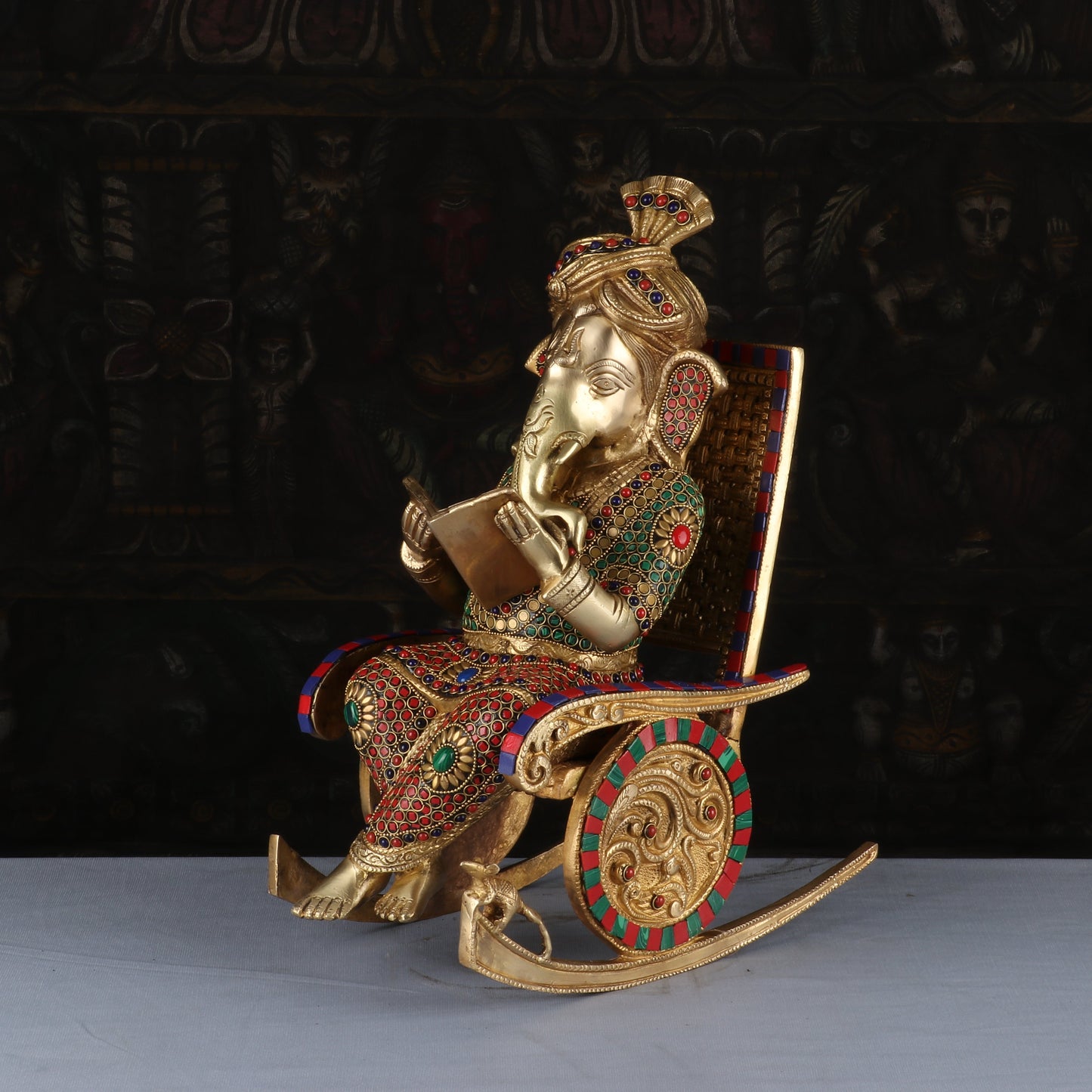 Brass Big Ganesha Idol On Chair Reading Book Stone Work Home Decor 1.5 Feet