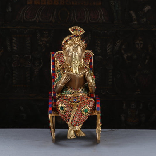 Brass Big Ganesha Idol On Chair Reading Book Stone Work Home Decor 1.5 Feet