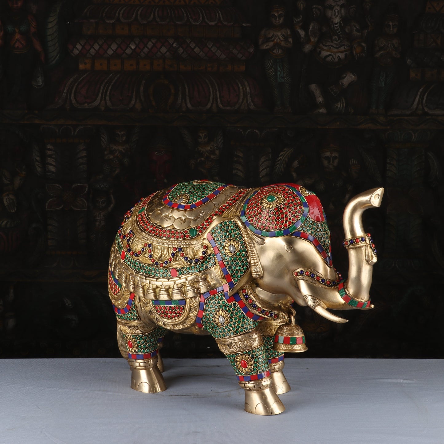 Brass Elephant Sculpture Stone Work Animal Handicraft Home Garden Decor Showpiece 14"
