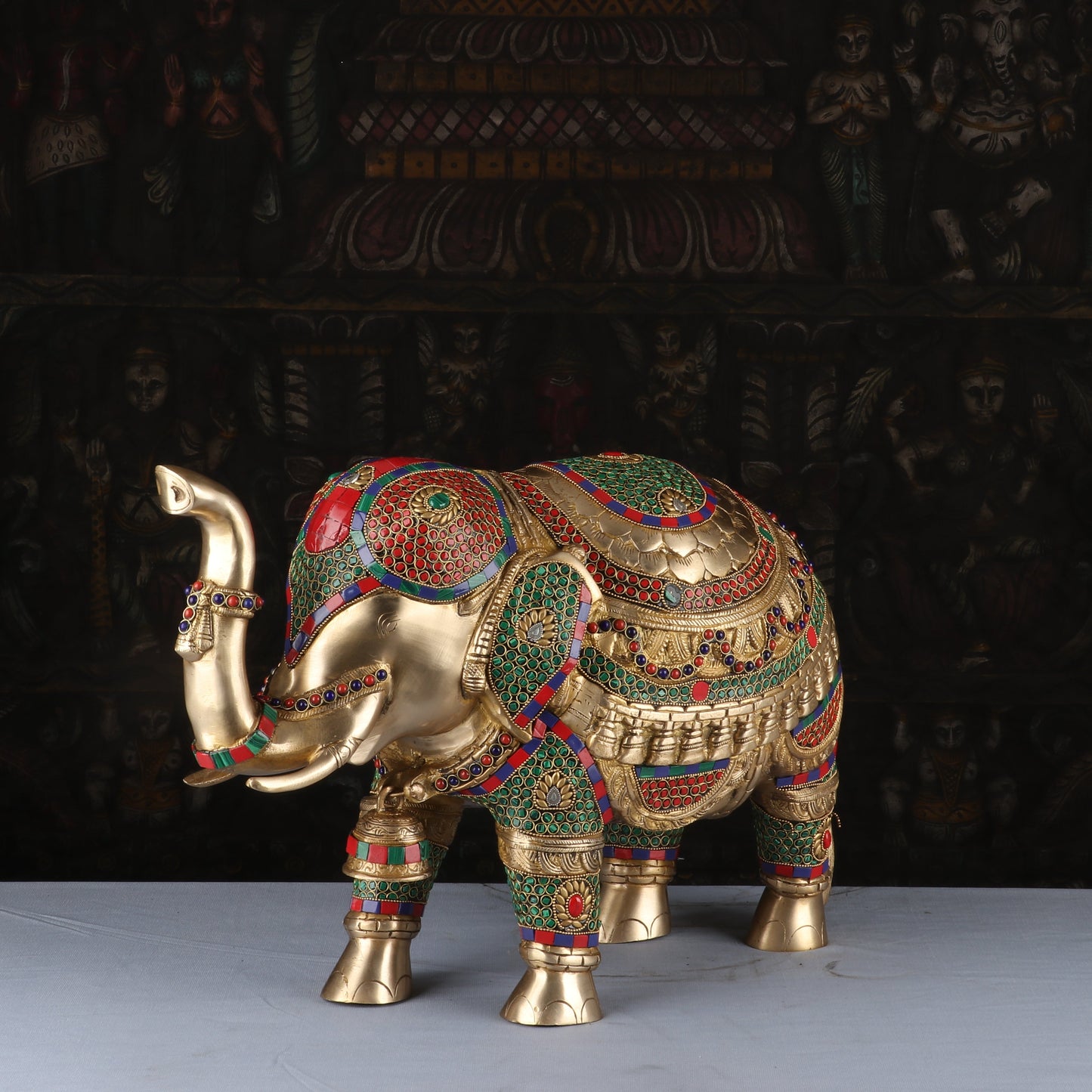 Brass Elephant Sculpture Stone Work Animal Handicraft Home Garden Decor Showpiece 14"