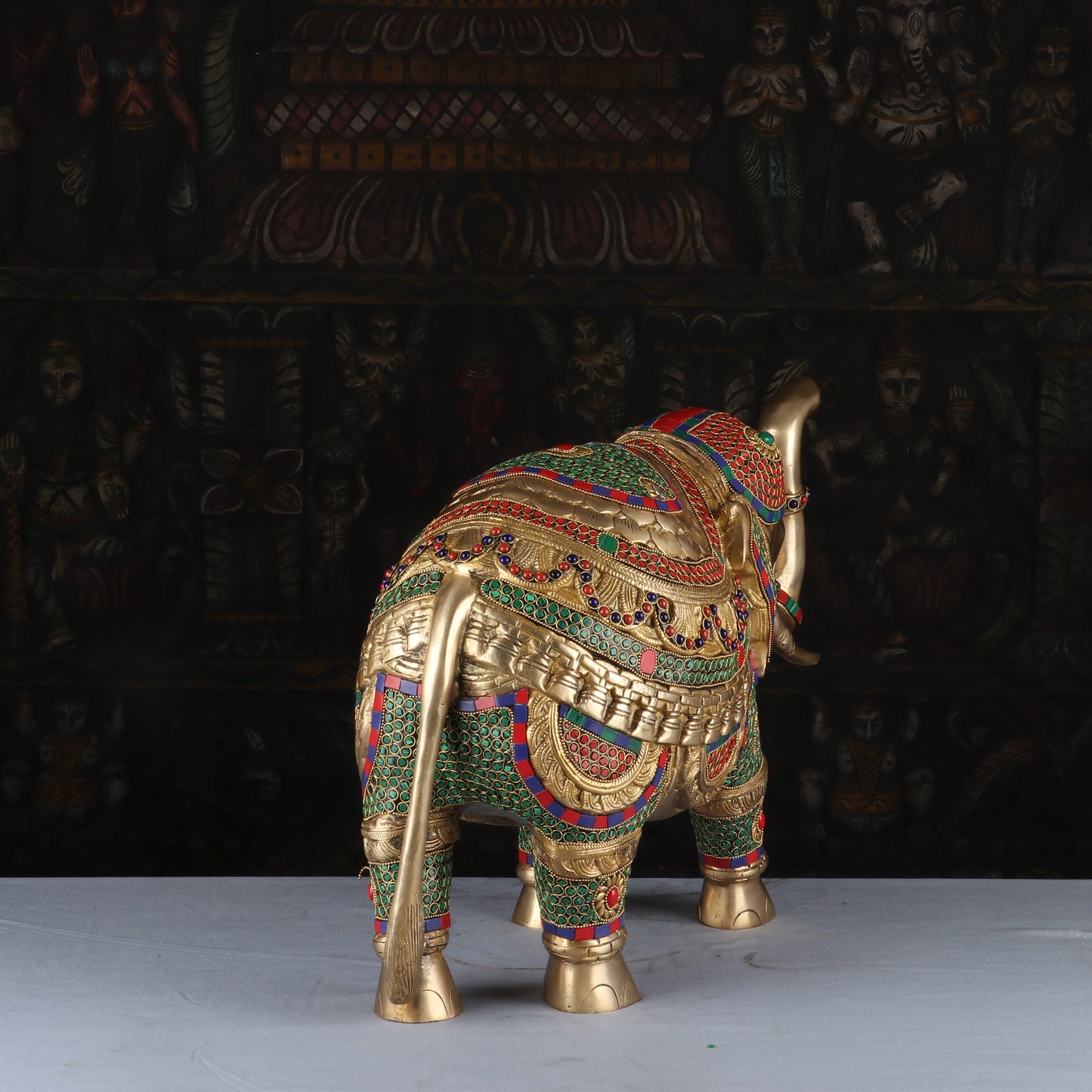 Brass Elephant Sculpture Stone Work Animal Handicraft Home Garden Decor Showpiece 14"