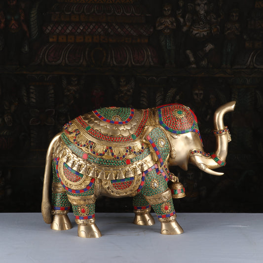 Brass Elephant Sculpture Stone Work Animal Handicraft Home Garden Decor Showpiece 14"
