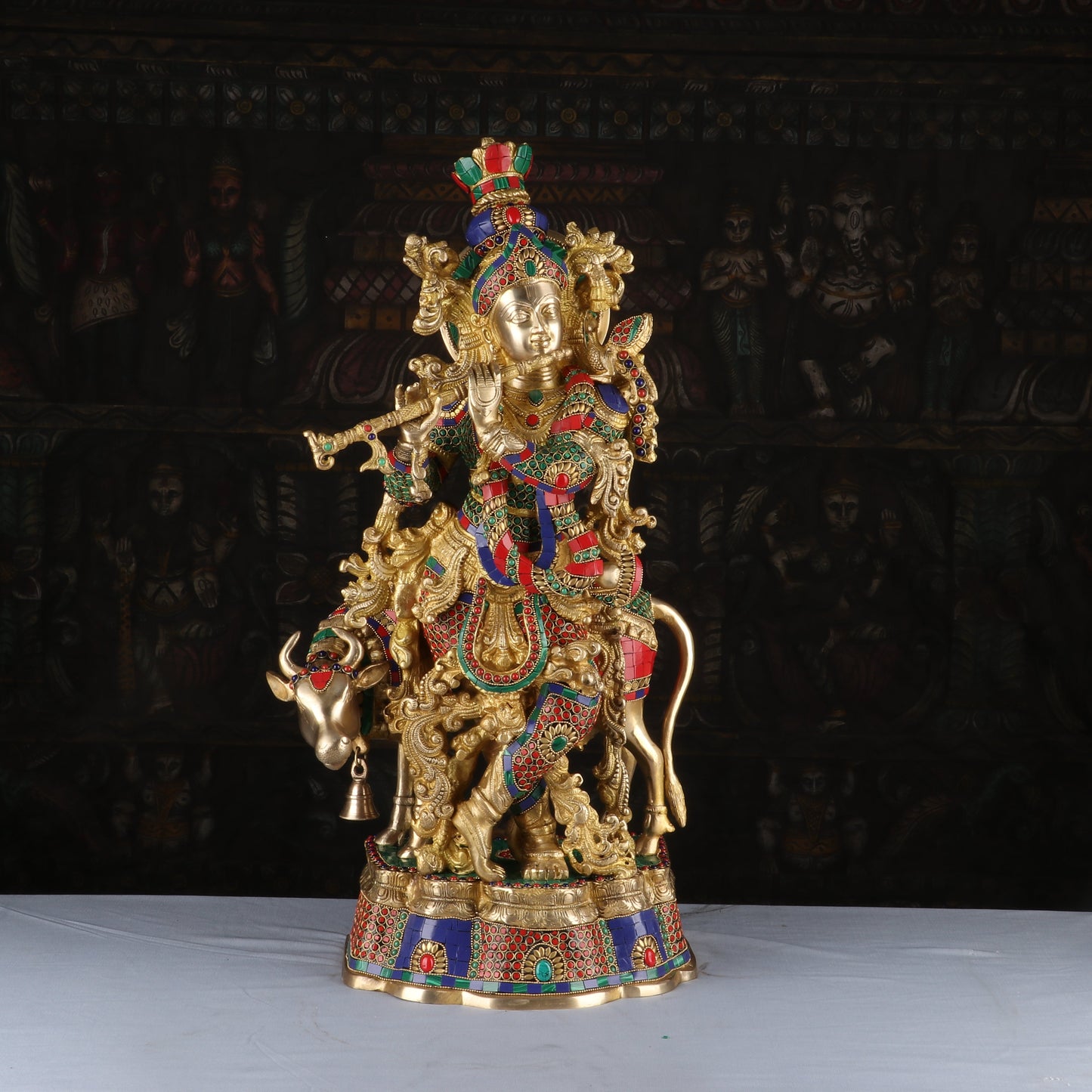 Brass Krishna with Cow Statue 26" by StatueStudio