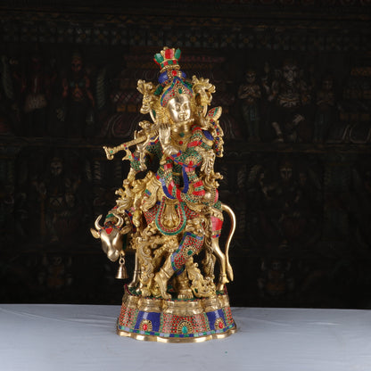 Brass Krishna with Cow Statue 26" by StatueStudio by StatueStudio - Hindu Gods (View 3)