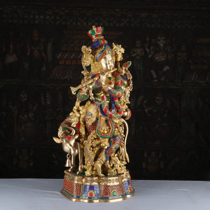 Brass Krishna with Cow Statue 26" by StatueStudio by StatueStudio - Hindu Gods (View 4)