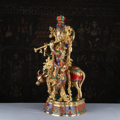 Brass Krishna with Cow Statue 26" by StatueStudio by StatueStudio - Hindu Gods (View 5)