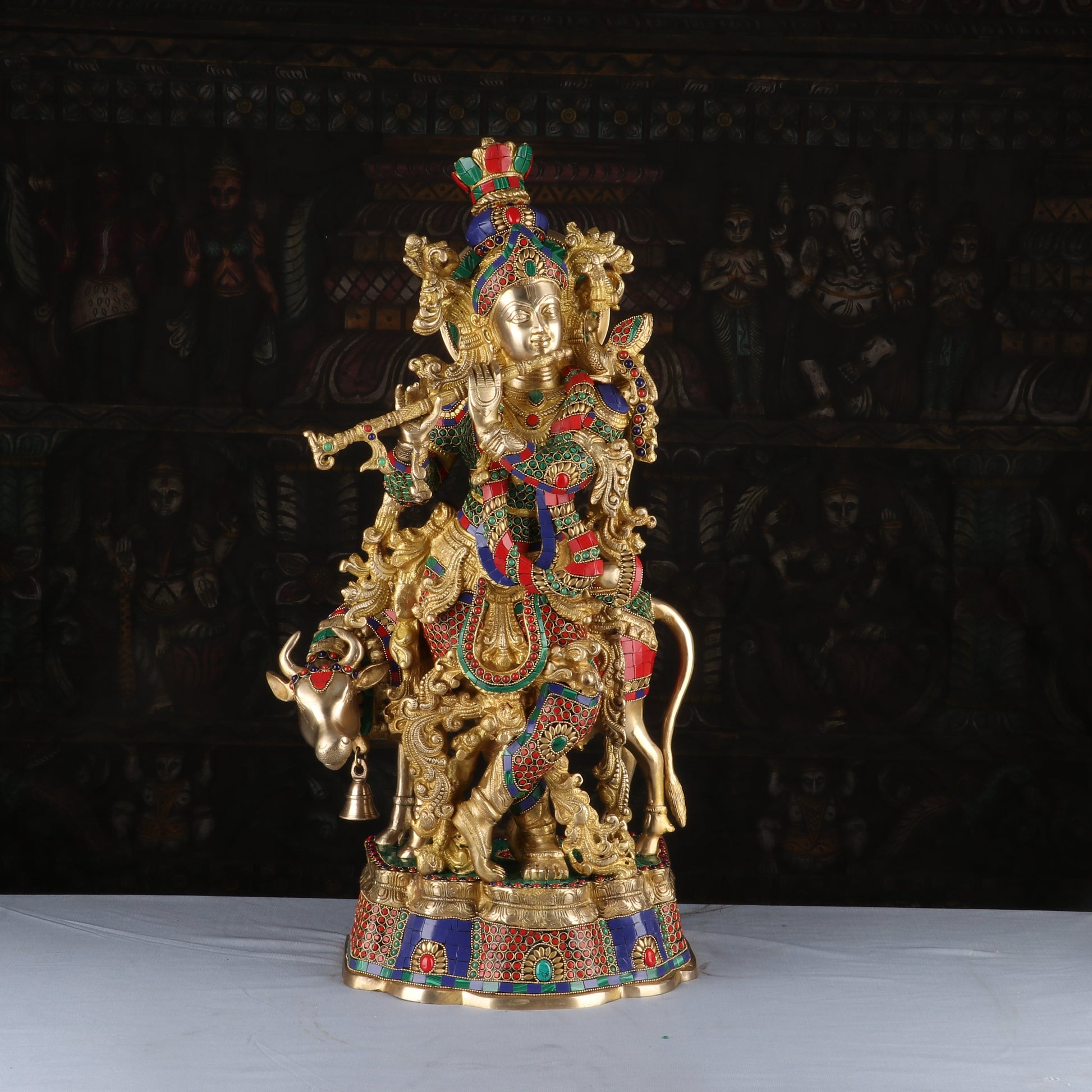 Brass Krishna with Cow Statue 26" by StatueStudio - Eco-friendly - Sama Homes