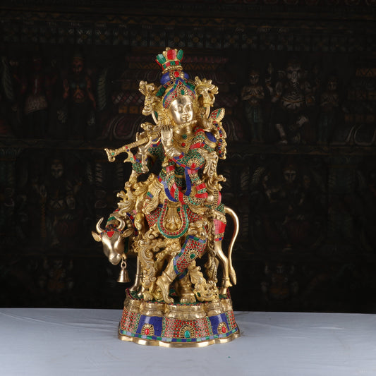 Brass Krishna with Cow Statue 26" by StatueStudio