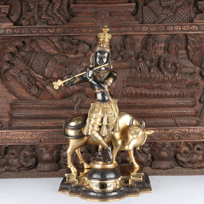Brass Krishna Statue with Cow in Antique Black Finish 26" by StatueStudio by StatueStudio - Hindu Gods (View 3)