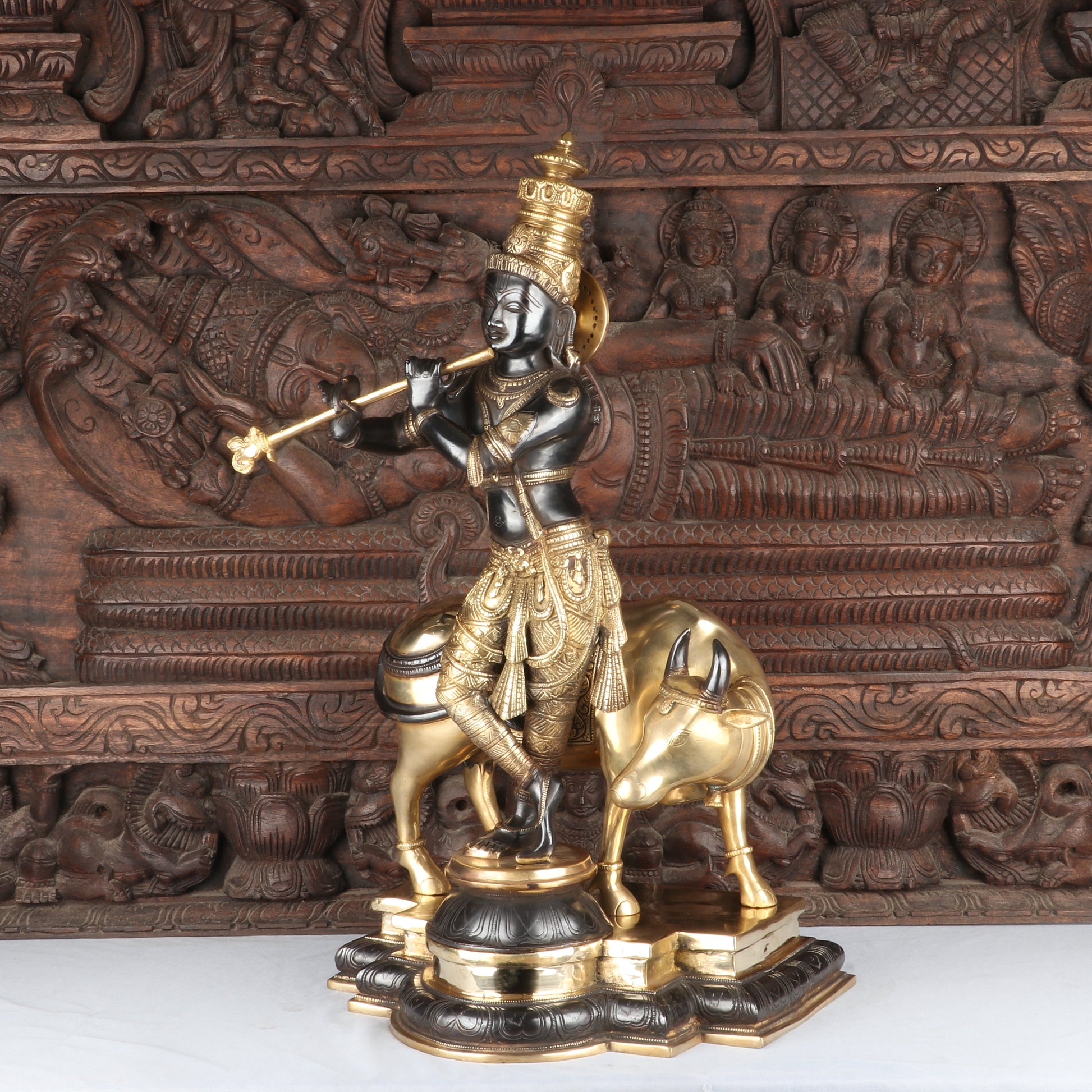 Brass Krishna Statue with Cow in Antique Black Finish 26" by StatueStudio - Image 4