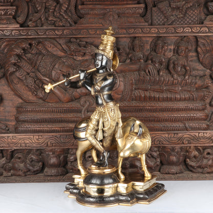 Brass Krishna Statue with Cow in Antique Black Finish 26" by StatueStudio by StatueStudio - Hindu Gods (View 4)