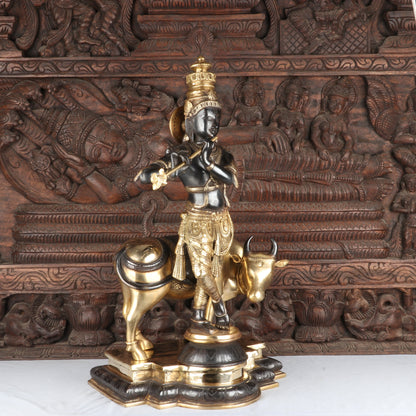 Brass Krishna Statue with Cow in Antique Black Finish 26" by StatueStudio by StatueStudio - Hindu Gods (View 5)