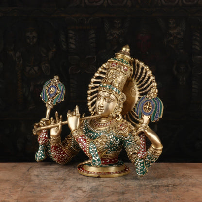 Brass Krishna Bust Statue 1 Feet by StatueStudio by vendor-unknown - Hindu Gods (View 3)