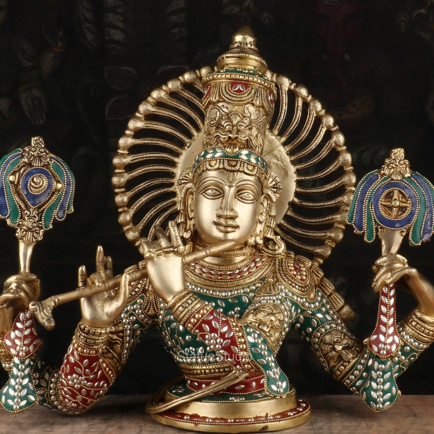 Brass Krishna Bust Statue 1 Feet by StatueStudio