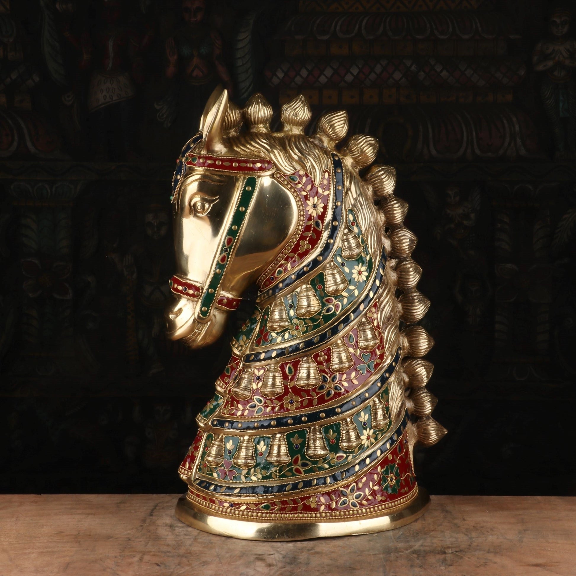 Brass Horse Face Stone Work Lucky FengShui Vastu Home Decor Showpiece 21" - Image 3