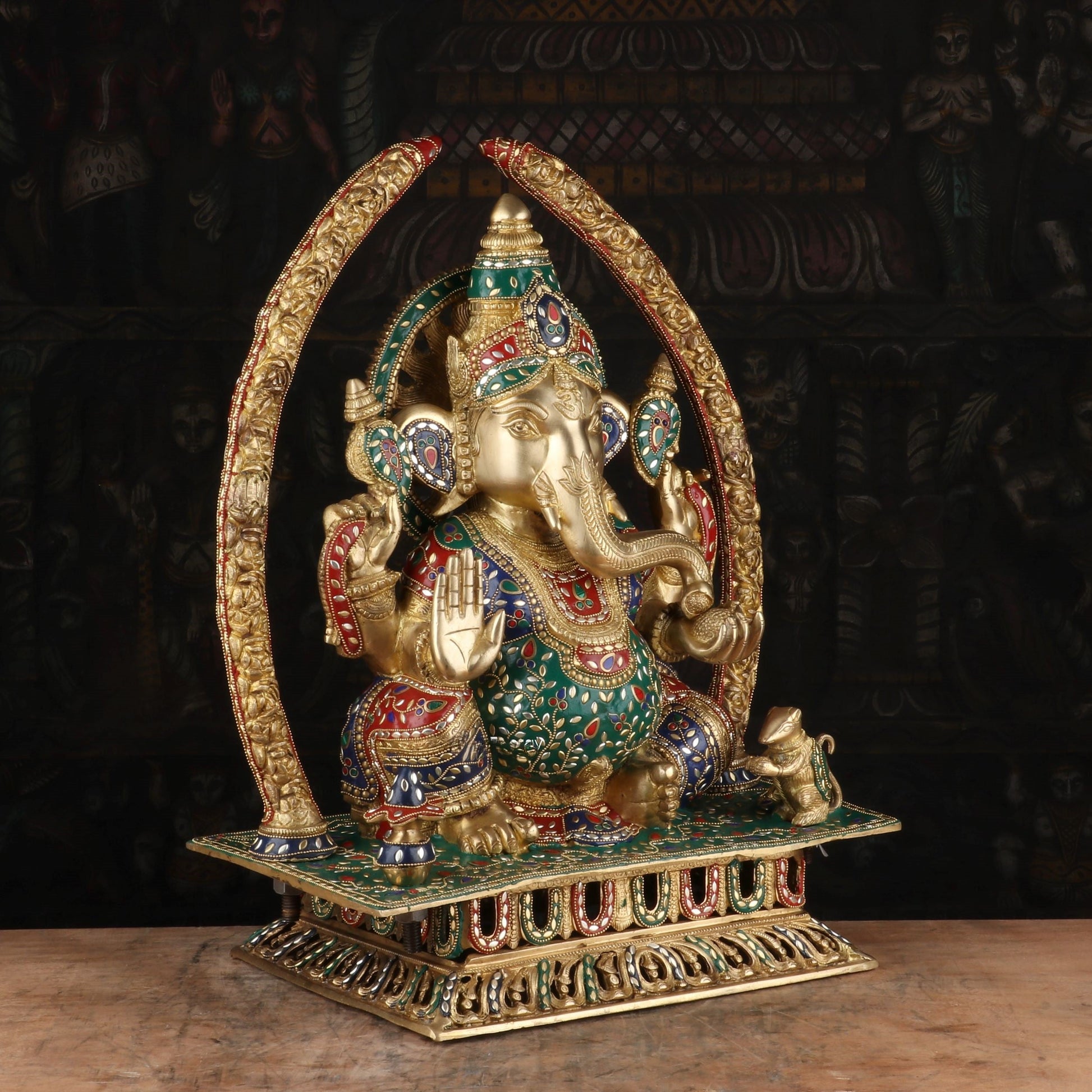 Brass Ganapati Idol With Arch Stone Work For Home Mandir Decor 2 Feet - Image 4