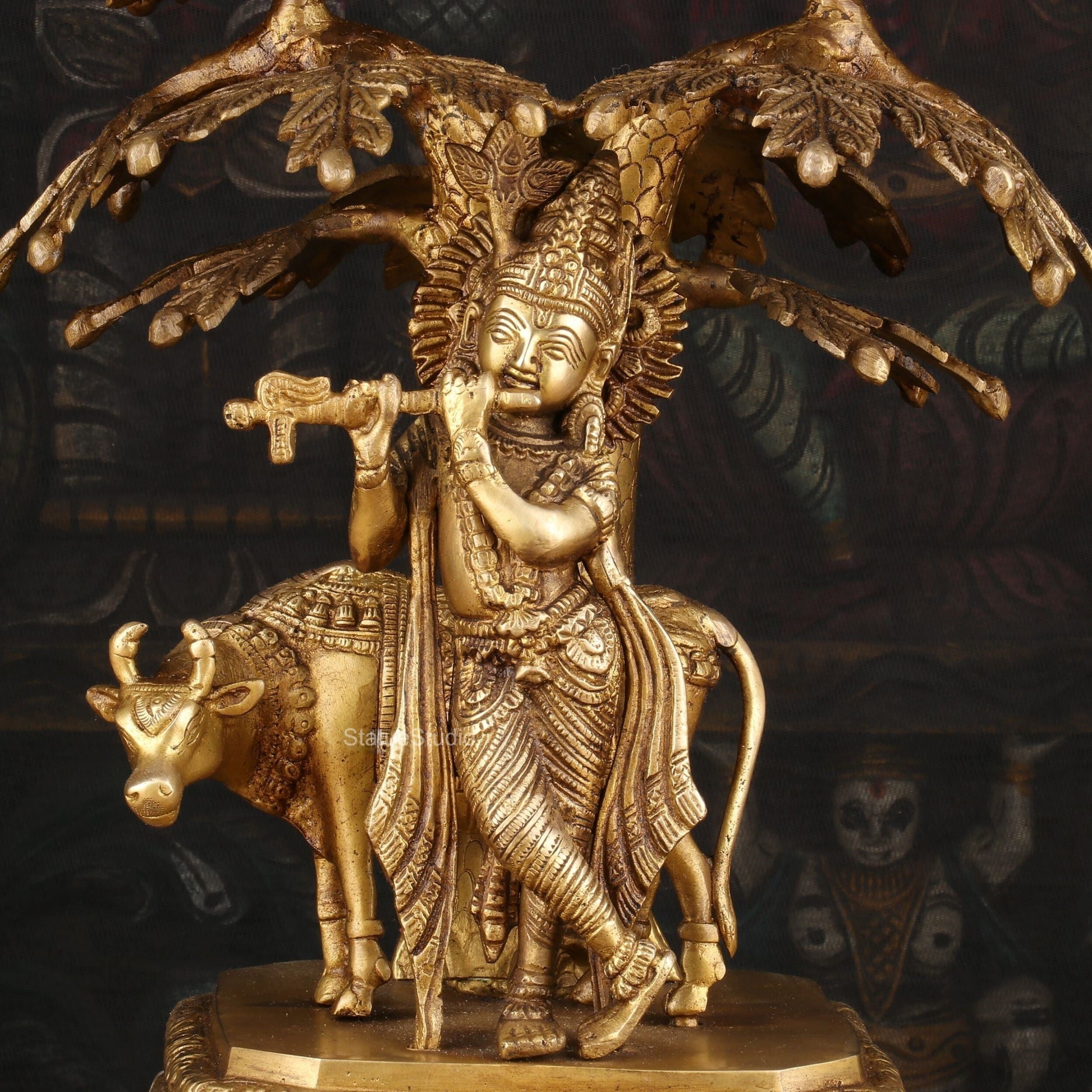 Brass Krishna Statue With Under The Tree Idol For Home Temple Decor 1 Feet - Image 2