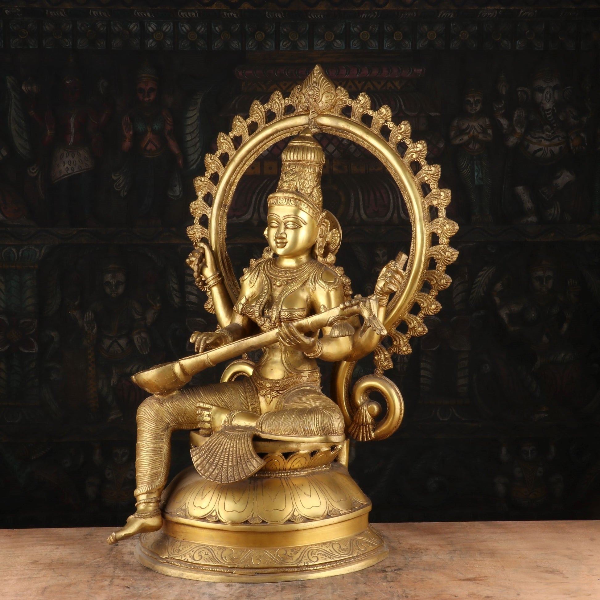 Brass Large Goddess Saraswati Statue With Arch Idol For Pooja Room Temple Decor 27 - Image 3