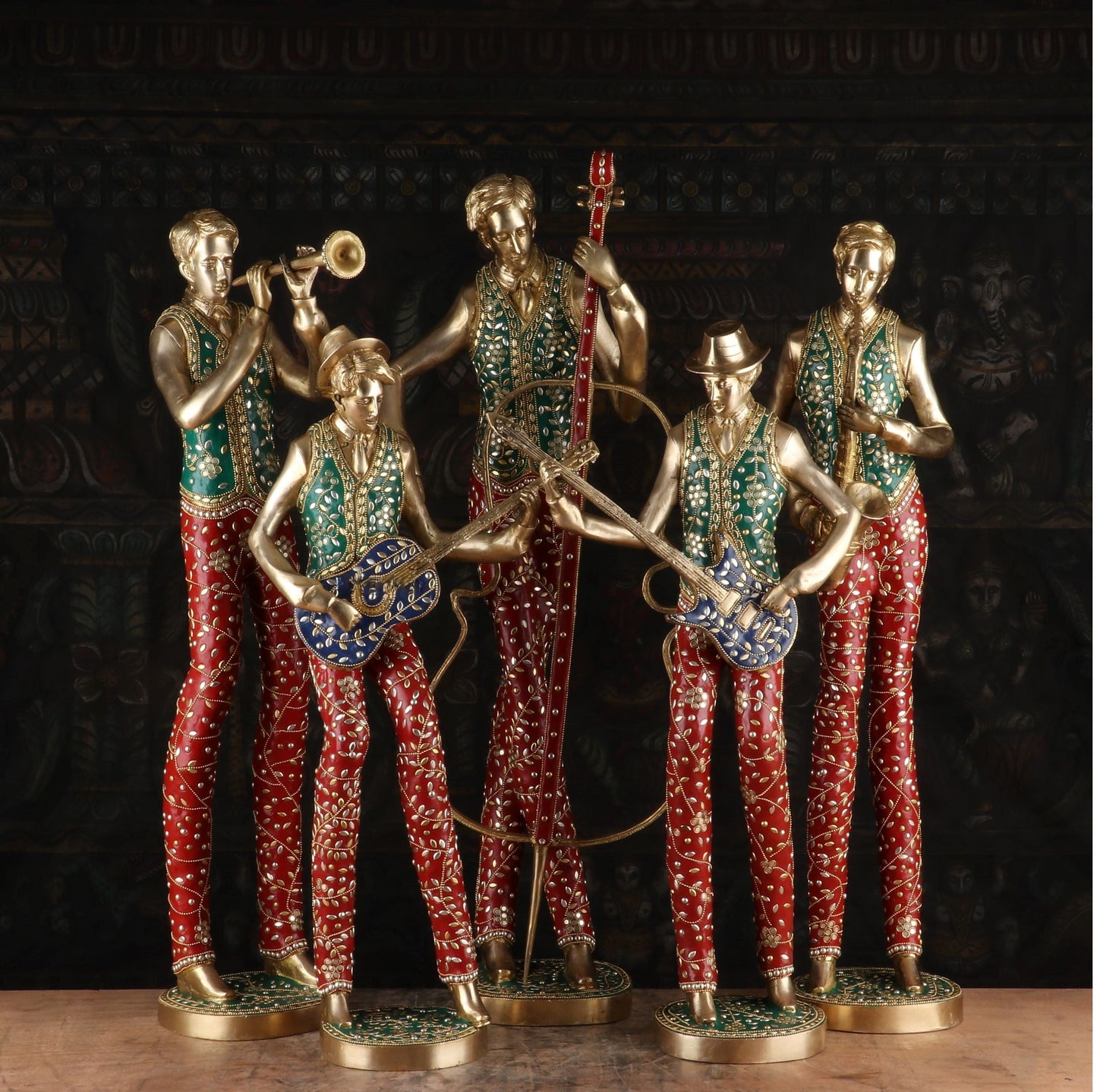 Brass Handcrafted Musical Set of 5 With Natural Stones Work For Decor 2.5 Feet