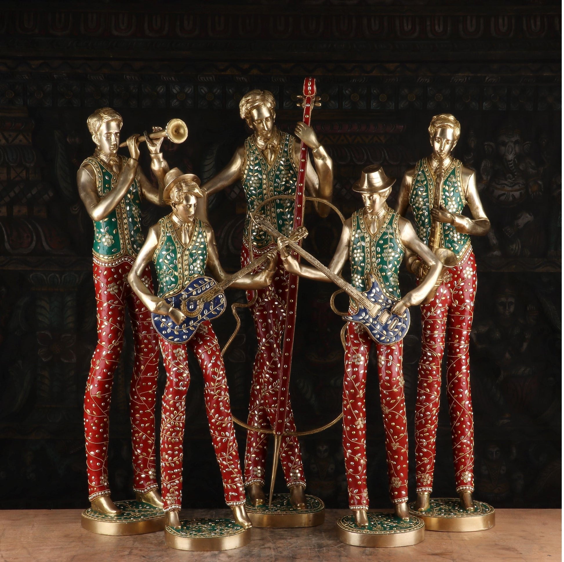 Brass Handcrafted Musical Set of 5 With Natural Stones Work For Decor 2.5 Feet - Eco-friendly - Sama Homes