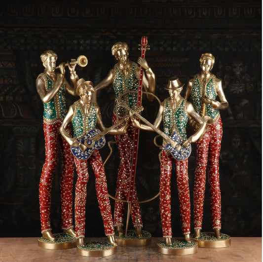 Brass Handcrafted Musical Set of 5 With Natural Stones Work For Decor 2.5 Feet