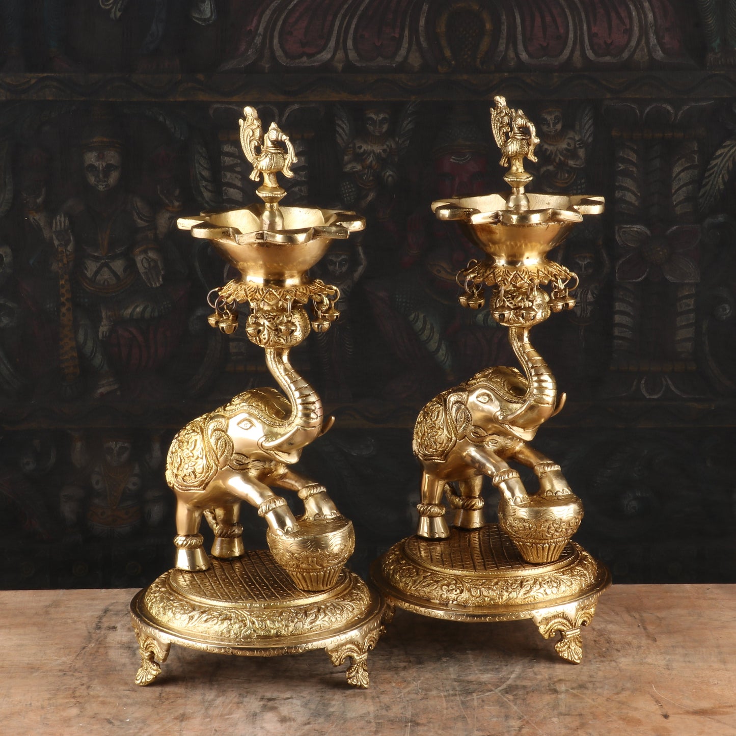 Brass Elephant Diya Pair For Home Temple Religious Decor Showpiece 1.5 Feet