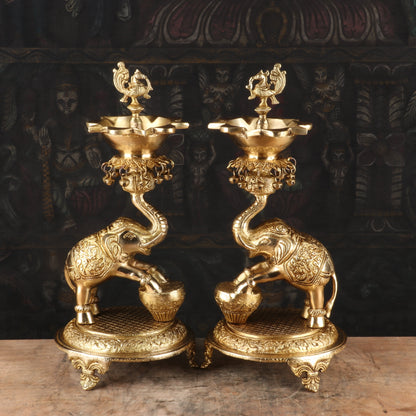 Brass Elephant Diya Pair For Home Temple Religious Decor Showpiece 1.5 Feet by vendor-unknown - Spiritual