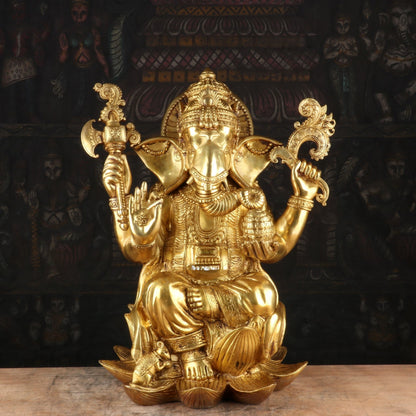 Brass Ganesha Idol Sitting On Lotus Base Sculpture For Home Decor 16" by vendor-unknown - Hindu Gods (View 2)