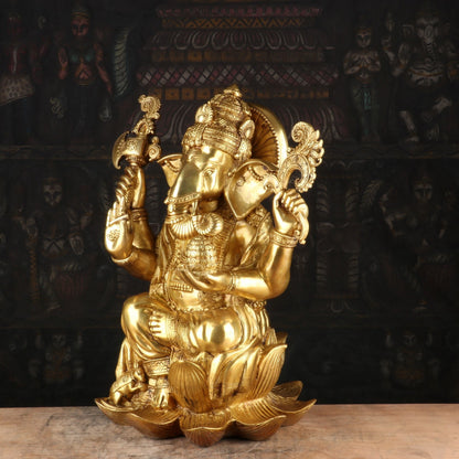 Brass Ganesha Idol Sitting On Lotus Base Sculpture For Home Decor 16" by vendor-unknown - Hindu Gods (View 3)