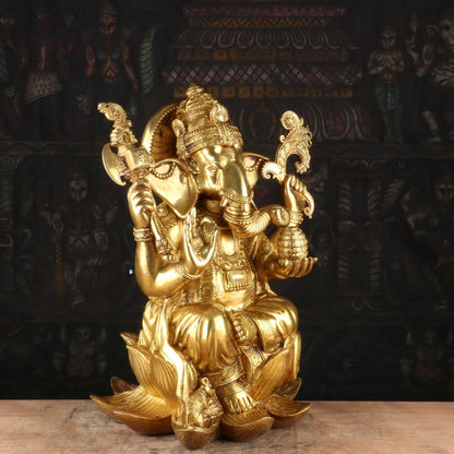 Brass Ganesha Idol Sitting On Lotus Base Sculpture For Home Decor 16" by vendor-unknown - Hindu Gods (View 4)