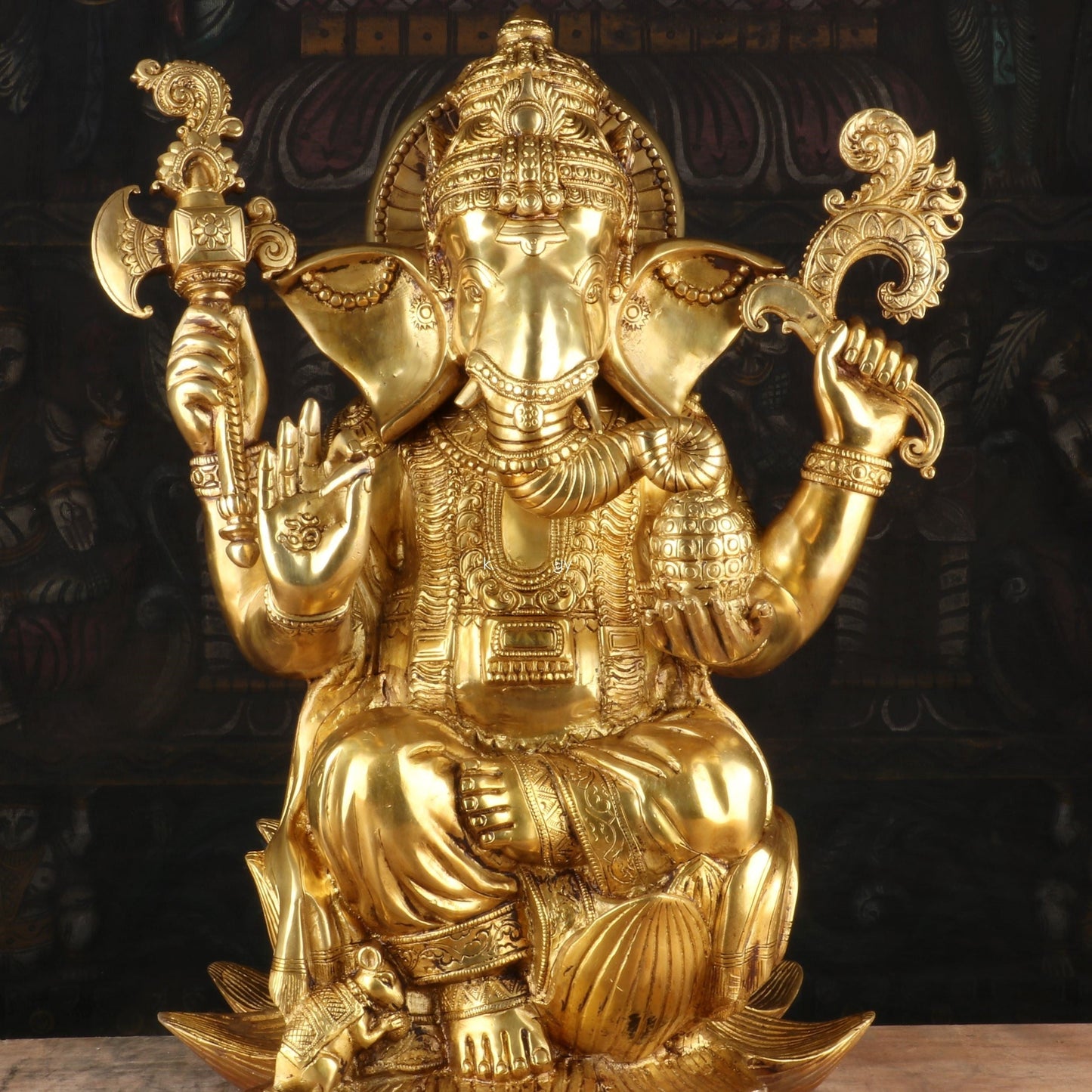 Brass Ganesha Idol Sitting On Lotus Base Sculpture For Home Decor 16"