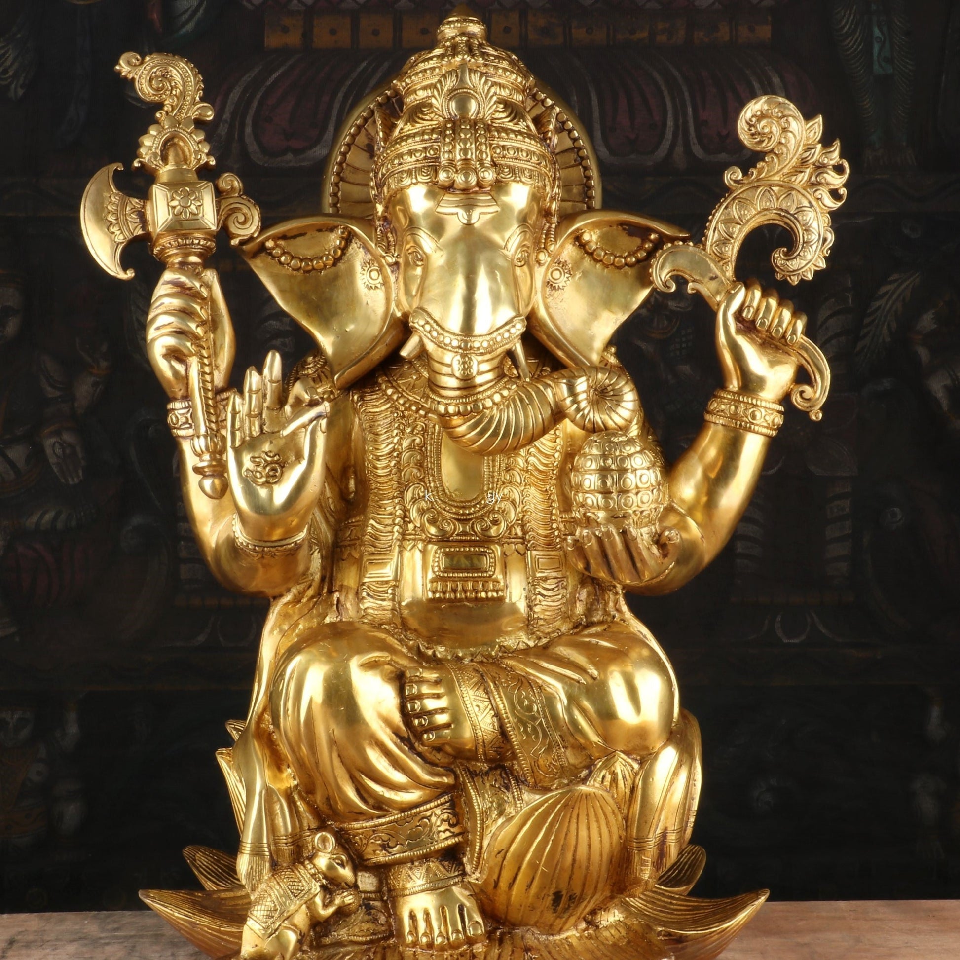 Brass Ganesha Idol Sitting On Lotus Base Sculpture For Home Decor 16" - Image 6