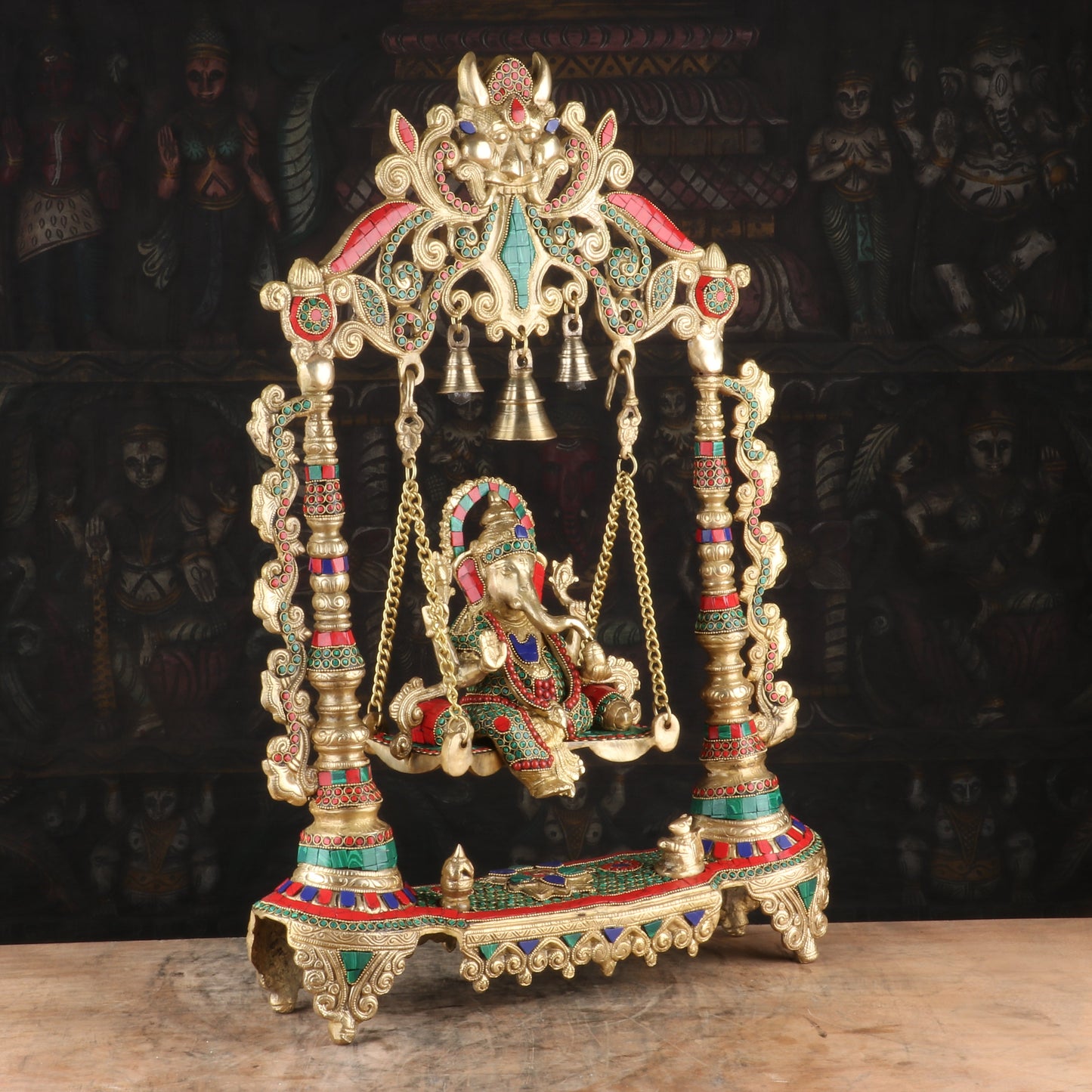 Brass Large Ganesha Jhula  Religious Idol Stone Work For Home Decor 1.5 Feet