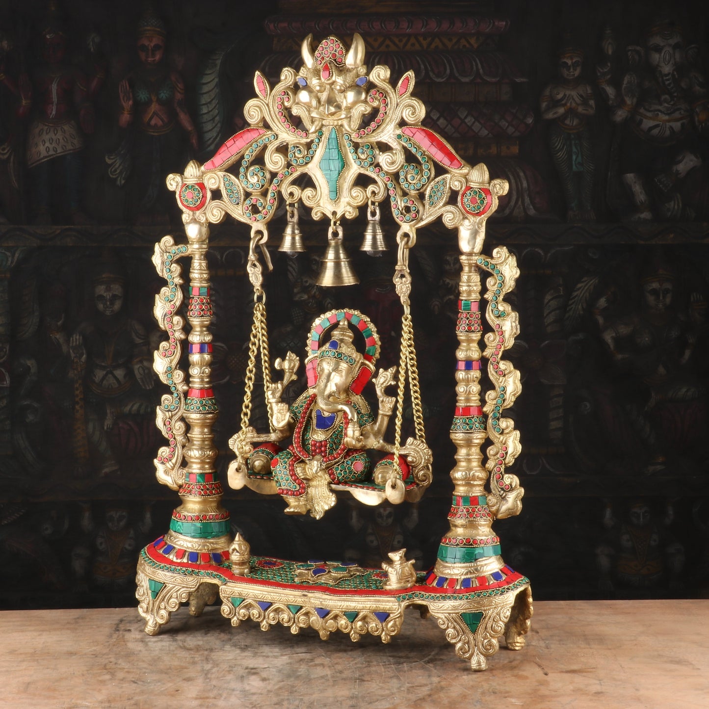 Brass Large Ganesha Jhula  Religious Idol Stone Work For Home Decor 1.5 Feet