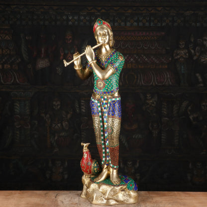 Brass Krishna Statue with Flute 2.5 Feet by StatueStudio by StatueStudio - Hindu Gods (View 4)