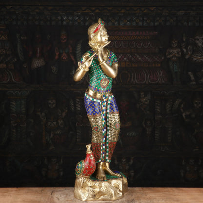 Brass Krishna Statue with Flute 2.5 Feet by StatueStudio by StatueStudio - Hindu Gods (View 5)