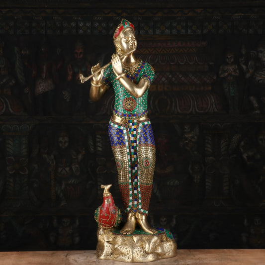 Brass Krishna Statue with Flute 2.5 Feet by StatueStudio
