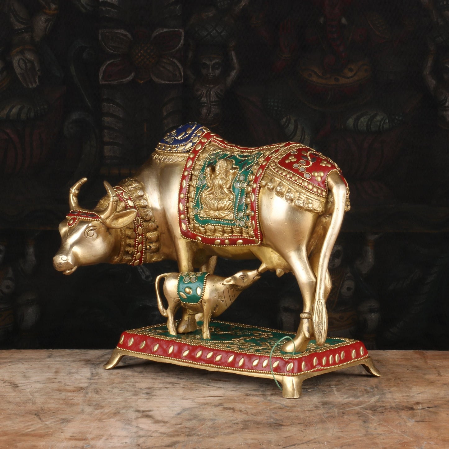 Brass Cow With Calf Idol Stone Work Home Pooja Room Decor Showpiece 9"