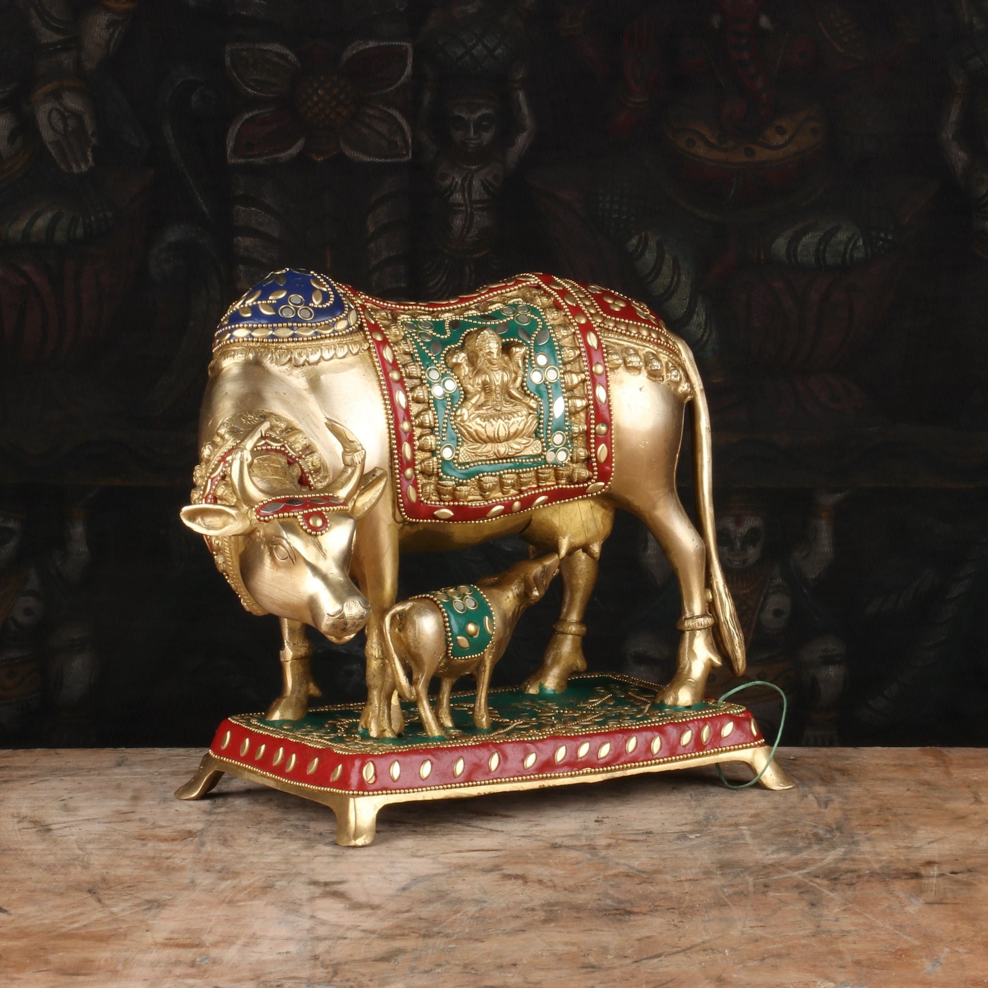 Brass Cow With Calf Idol Stone Work Home Pooja Room Decor Showpiece 9" - Image 4