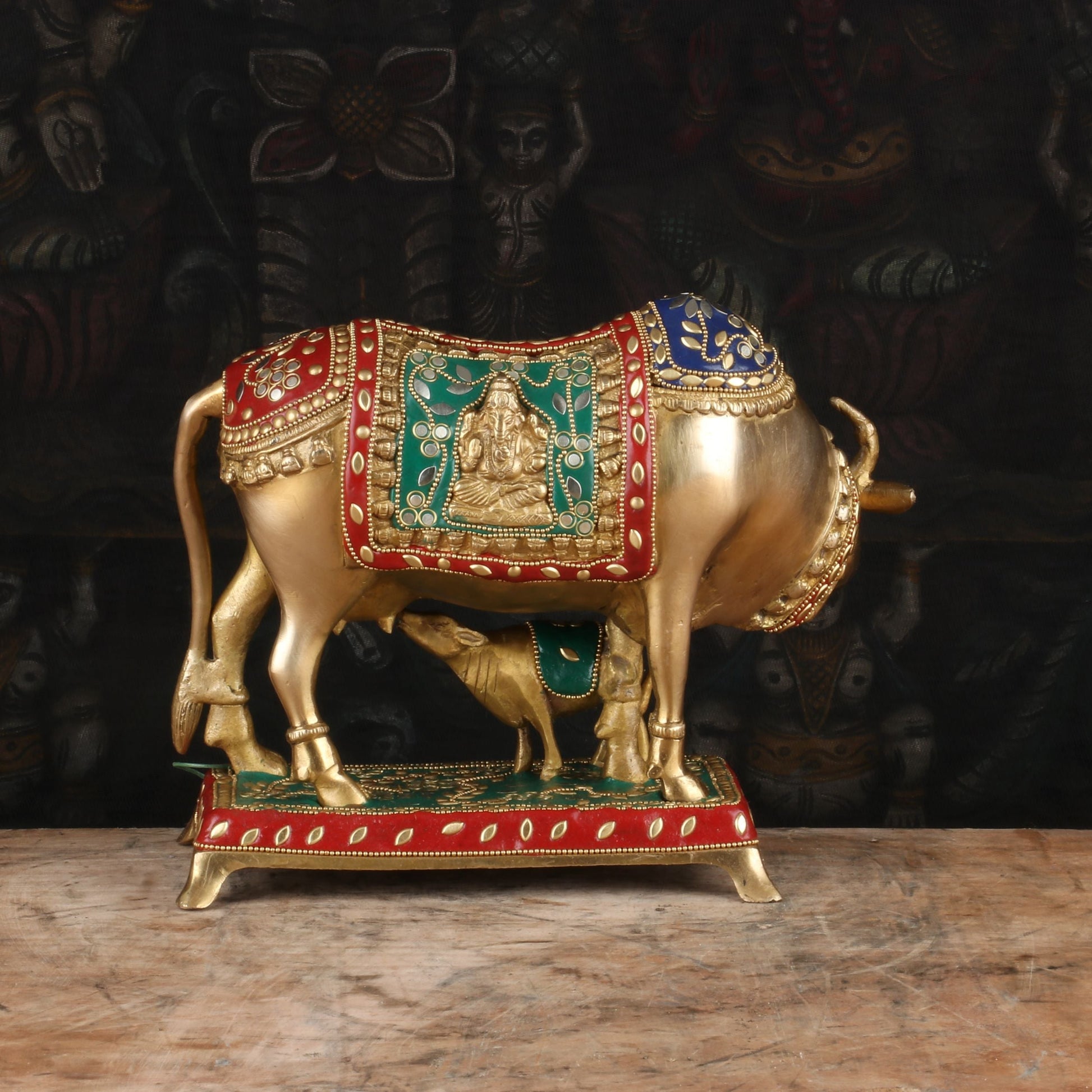 Brass Cow With Calf Idol Stone Work Home Pooja Room Decor Showpiece 9" - Image 5