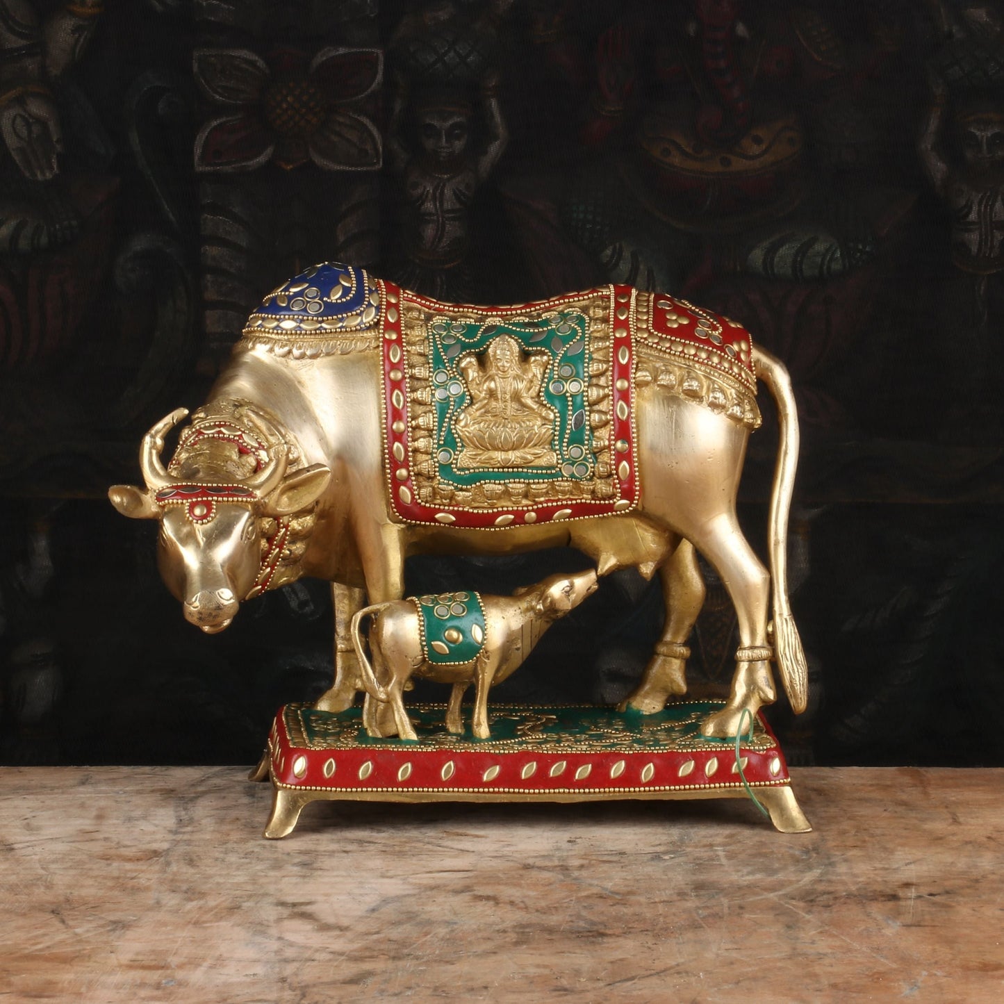 Brass Cow With Calf Idol Stone Work Home Pooja Room Decor Showpiece 9"