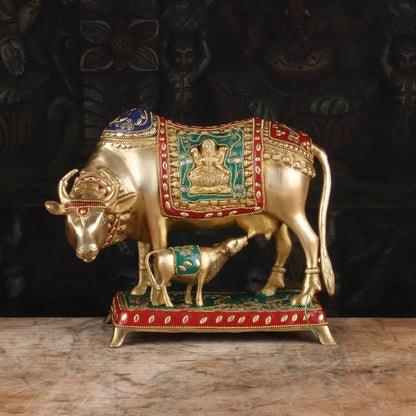 Brass Cow With Calf Idol Stone Work Home Pooja Room Decor Showpiece 9" by vendor-unknown - Spiritual