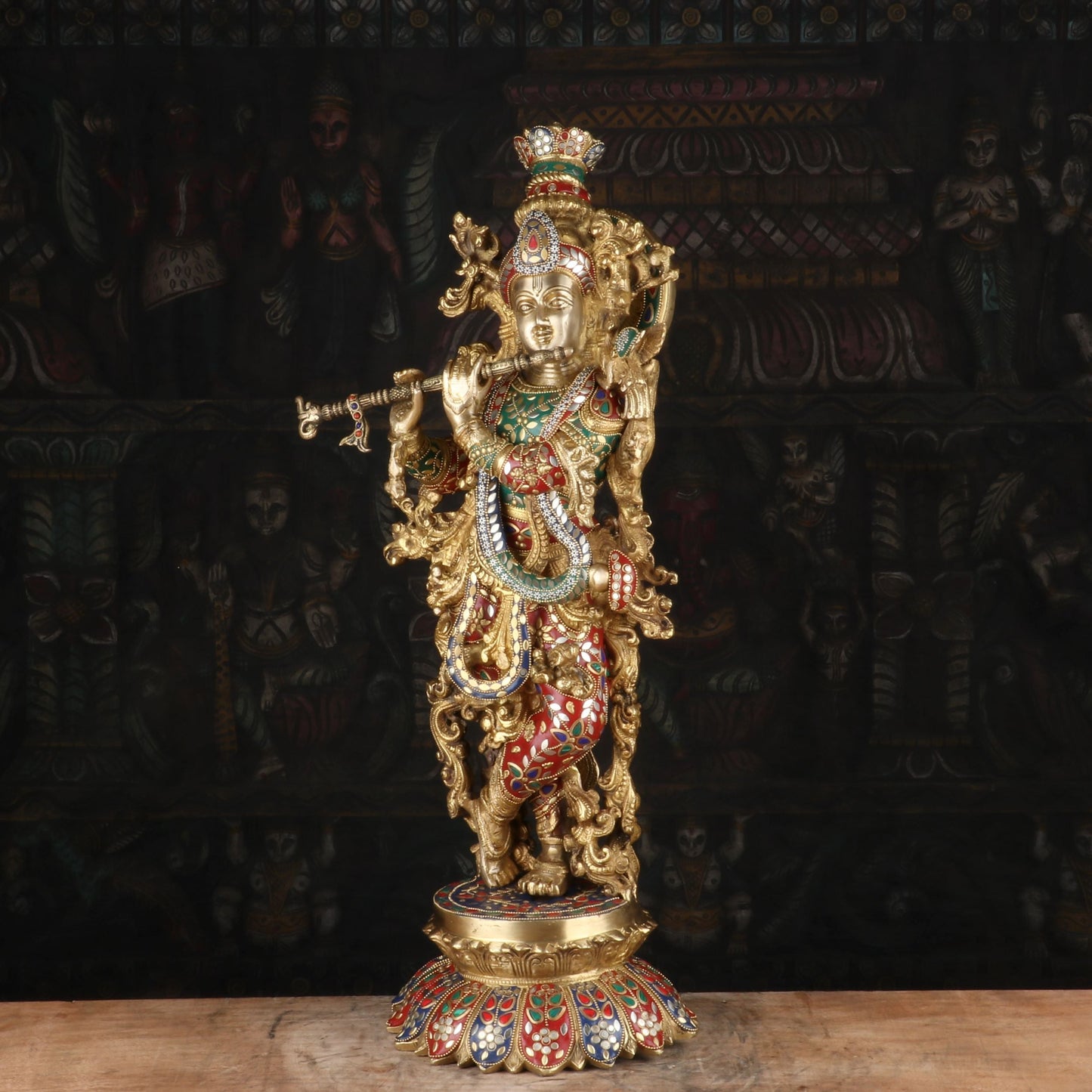 Brass Krishna Statue with Flute 26" by StatueStudio