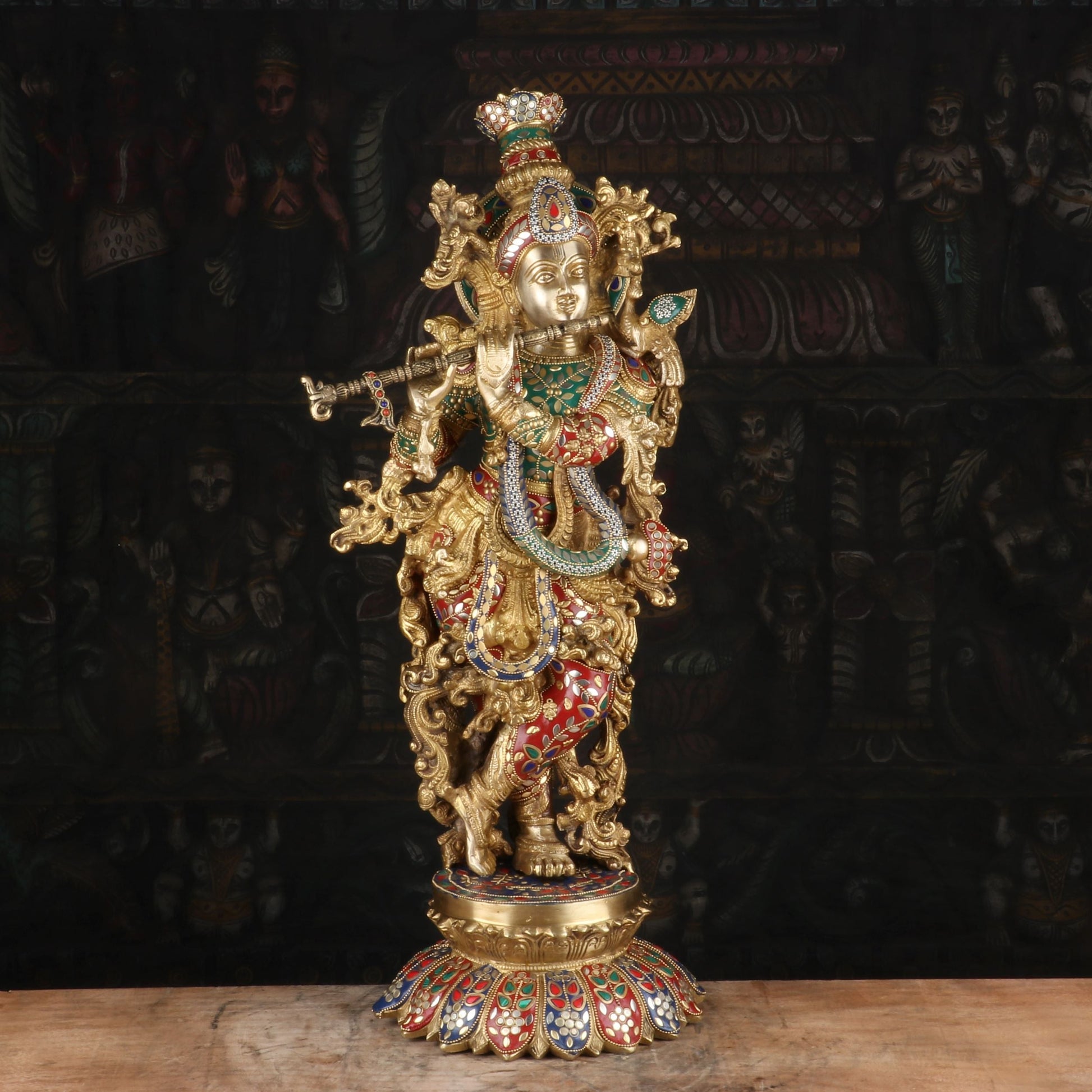 Brass Krishna Statue with Flute 26" by StatueStudio - Eco-friendly - Sama Homes