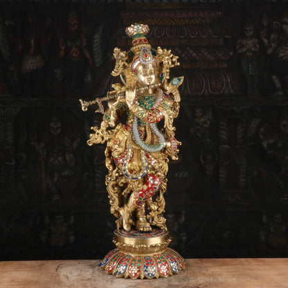 Brass Krishna Statue with Flute 26" by StatueStudio by StatueStudio - Hindu Gods