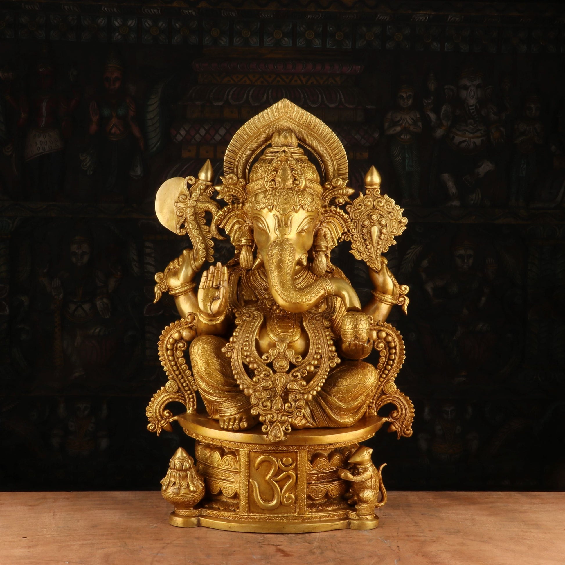 Brass Big Ganesha Statue Sitting On OM Pedestal For Home Decor 2 Feet - Eco-friendly - Sama Homes