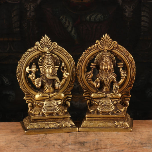 Brass Antique Ganesha Lakshmi Idol 7"