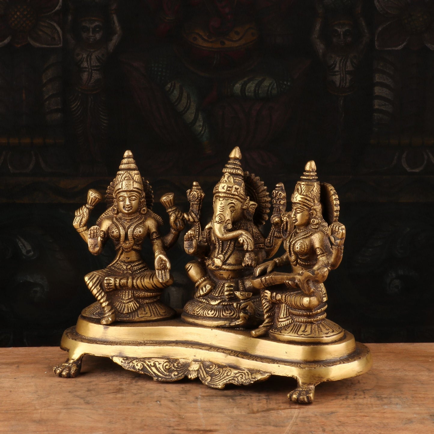 Brass Antique Ganesha, Lakshmi, Saraswati Trio Idol 7''